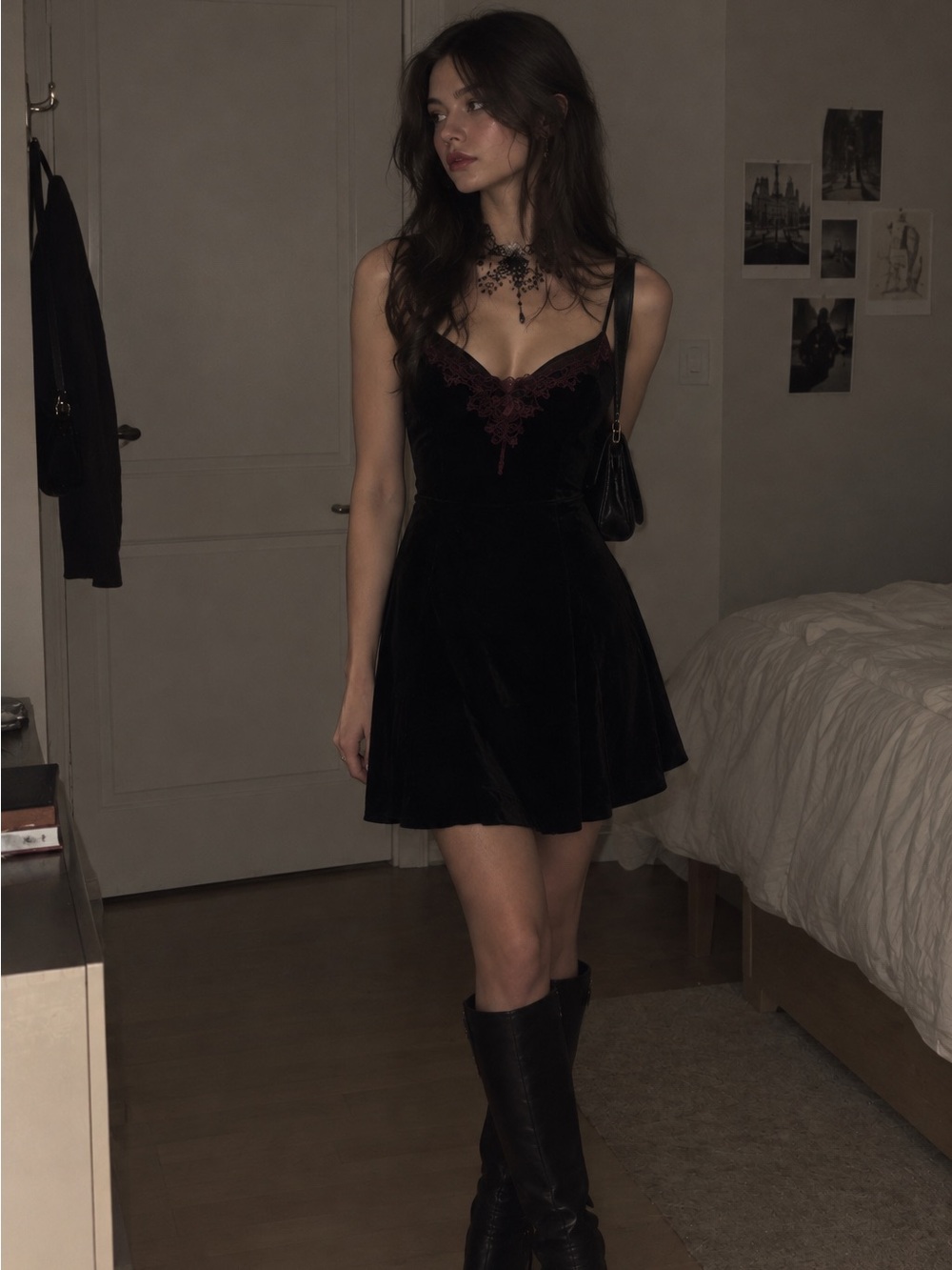 Black Velvet Lace Gothic Mini Dress: Dark Romantic Halloween
